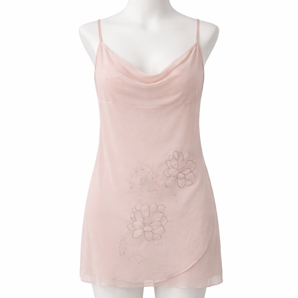 Delicates Light Pink Sheer Beaded Floral Mini Slip Dress Size Large Y2k